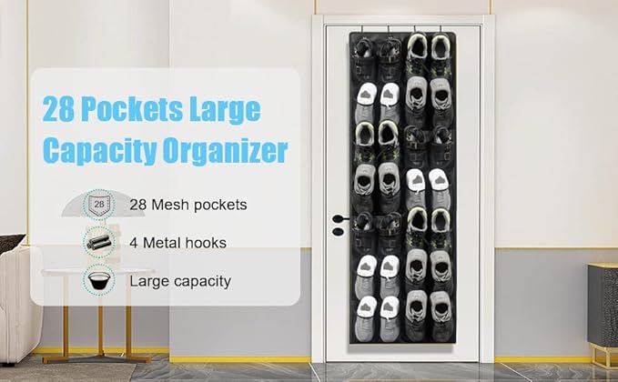 Over the Door Shoe Organizer 28 Mesh Pockets Hanging Shoes storage Shoe Rack for Closet Entryway Bedroom Bathroom Pantry Shoe Holder for Men Sneakers, Women High Heeled Shoes, flip flops