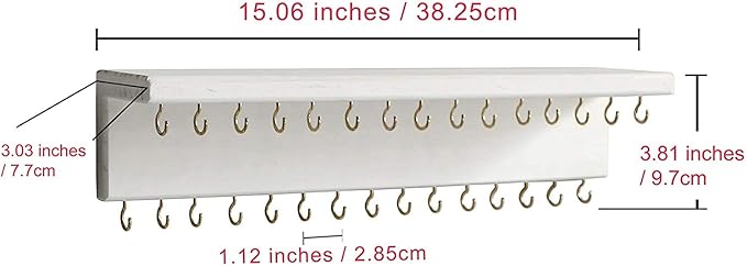 SANY DAYO HOME Jewelry Organizer with 30 Hooks and Cosmetics Shelf, 15 x 3 x 4 inches Wall Mounted Rustic Pine Wood Holder for Necklaces and Bracelets, Suitable for Kids and Adults (Retro White)