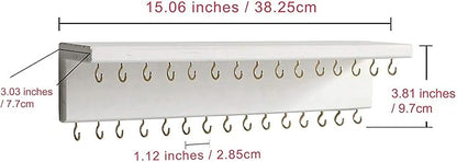 SANY DAYO HOME Jewelry Organizer with 30 Hooks and Cosmetics Shelf, 15 x 3 x 4 inches Wall Mounted Rustic Pine Wood Holder for Necklaces and Bracelets, Suitable for Kids and Adults (Retro White)