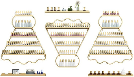 Metal Wall Mounted Nail Polish Racks - Stylish Cosmetic Display Case, Lipstick & Perfume Wall Shelf, Essential Oil Organizer for Bottles in Salon Spa Shop (Gold)