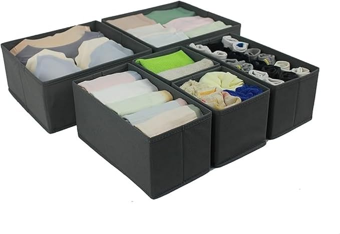 Amazon Basics Collapsible Cloth Drawer Organizer Boxes for Socks, Underwear and Baby Clothes, Storage Bins, Gray, Set of 6