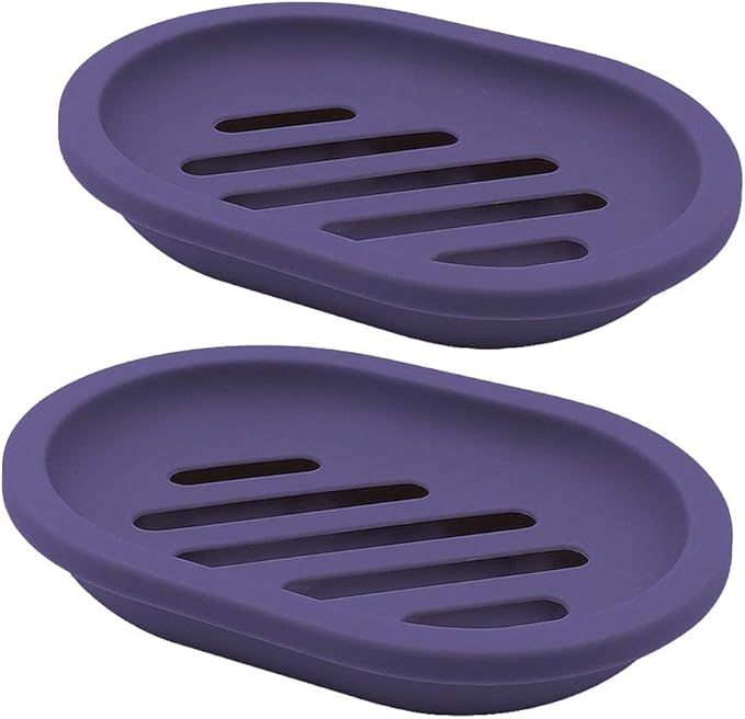 Soap Dish with Water Drainage Design for Drying and Saving Soap, Bathroom Kitchen Sponges Holder (Purple - Oval) 2 Pack