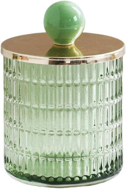 WAIT FLY Embossed Glass Cotton Swabs Dispenser with Lid Bathroom Cup Bathroom Vanity Organizer-Green