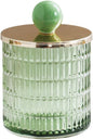 WAIT FLY Embossed Glass Cotton Swabs Dispenser with Lid Bathroom Cup Bathroom Vanity Organizer-Green