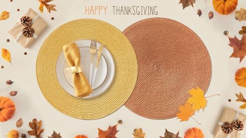 FunWheat Round Braided Placemats Set of 6 Table Mats for Dining Tables Woven Washable Non-Slip Place mats 15 Inch(Pumpkin Yellow, 6pcs - Image 5