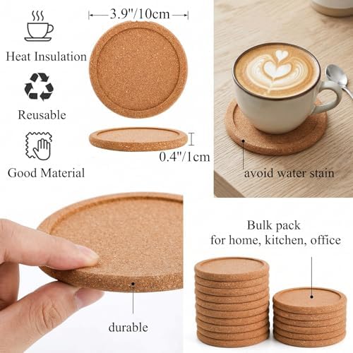 Tebery 20 Pack Round Lip Cork Coasters, 3.9 Inch Absorbent Drink Coaster with Grooved Round Edge for Bar Glass Cup Table - Image 2