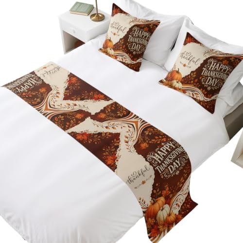 Brown Fall Bed Runners for Queen Size Beds Thanksgiving Pumpkin Bed Scarf Matching Decorative Throw Pillow Covers Autumn Leaves Hotel Beds End Blanket Towel Soft Bedspread Protection for Home Bedroom by Unknown