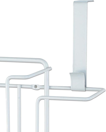 Sunbeam Laundry Room Metal Over the Door Hanging Ironing Board Holder and Organizer, Holds Standard Size Iron, Board, Spray Bottles, Starch, Fabric softener, White finish