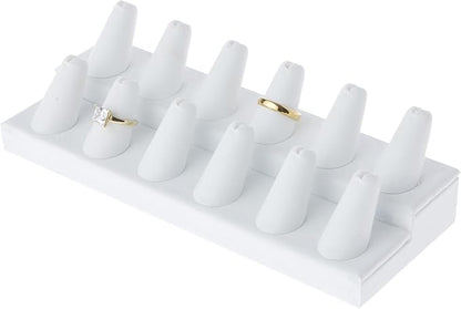 Plymor White Faux Leather 2-Tier Ring Finger Display, Twelve on Rectangular Base, 8.125" W x 3.25" D x 2.5" H (Pack of 12)