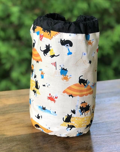 Black Cats on beach drawstring bag for knitting or crochet projects, Rummikub, Scrabble Mahjong tiles, reusable gift bag, Sandy Paws, The Suebee
