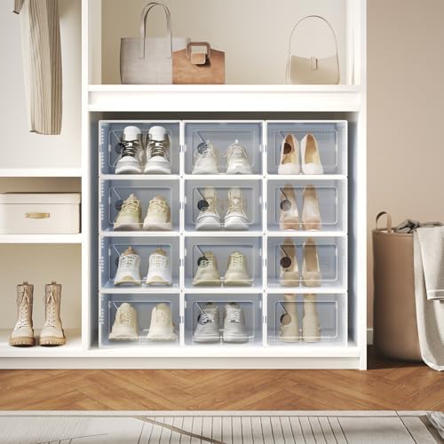 DUMOS Shoe Storage Boxes, 12-Pack Stackable Clear Shoe Containers with Lids, Display Sneaker Case Organizer for Closet, Under Bed, Entryway,White, Fit Size 11 - Image 3