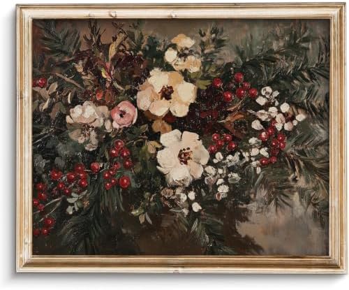 ZBJLLK Vintage Christmas Floral Canvas Wall Art, Winter Flower Berry Pine Oil Painting Style Print, Premium Canvas Material & Ready to Frame, for Living Room Kitchen Dining Room Holiday Home Decor, 8x10Inch Unframed by Unknown
