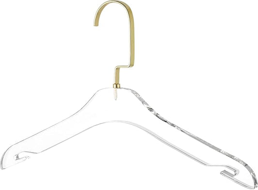 HomeCube USA Clear Acrylic Clothes Hangers with Gold Hooks – Heavy Duty Lucite Design, Elegant & Sturdy for Sweaters, Suits, Jackets, Shirts, Dresses & Boutique Use (10, Small 13")