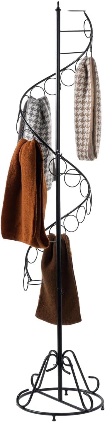 MyGift Black Metal Freestanding Scarf Holder Stand and Belt Display Organizer with 25 Rings and Spiral Design, Decorative Shawl and Scarves Rack