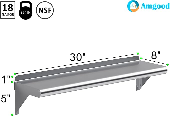 AmGood 8 in. x 30 in. Stainless Steel Wall Shelf | NSF | Metal Shelving | Garage, Laundry, Storage, Utility Room | Restaurant, Commercial Kitchen
