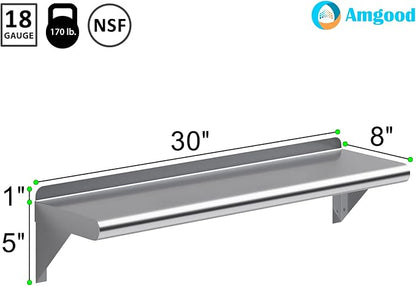 AmGood 8 in. x 30 in. Stainless Steel Wall Shelf | NSF | Metal Shelving | Garage, Laundry, Storage, Utility Room | Restaurant, Commercial Kitchen