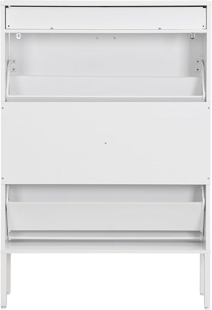 XIAO WEI Shoe Cabinet, Shoe Storage Organizer Cabinet with 2 Flip Wavy Line Drawers, Freestanding Shoe Rack with Adjustable Shelf for Entryway (White)