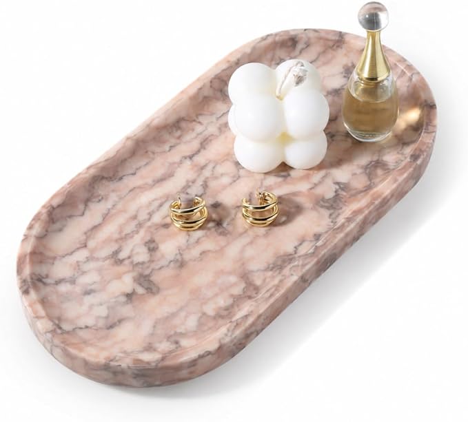 Koville Natural Marble Decorative Tray Stone Plate, 10" x 5" Marble Vanity Tray for Bathroom Countertop Organizer Stone Trays, Catchall Tray for Perfume, Candles, Jewelry (Moca Jade)