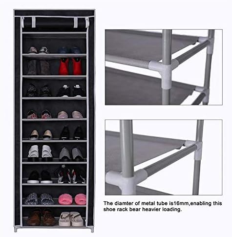GREEF 10-Tier Large Shoe Rack with Dustproof Non Woven Fabric Cover Closet Shoe Storage Organizer Cabinet Shoe Tower for Entryway Bedroom Dorm Room Closet (Black)
