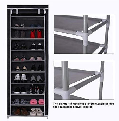 GREEF 10-Tier Large Shoe Rack with Dustproof Non Woven Fabric Cover Closet Shoe Storage Organizer Cabinet Shoe Tower for Entryway Bedroom Dorm Room Closet (Black)