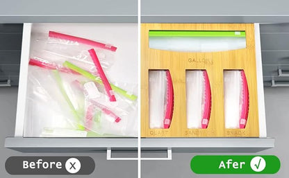 Bamboo Food Bag Storage Organizer for Kitchen Drawer, Baggie Holder for Solimo, Glad, Hefty Gallon, Quart, Sandwich and Snack Variety Size Bags (1 Box 4 Slots)