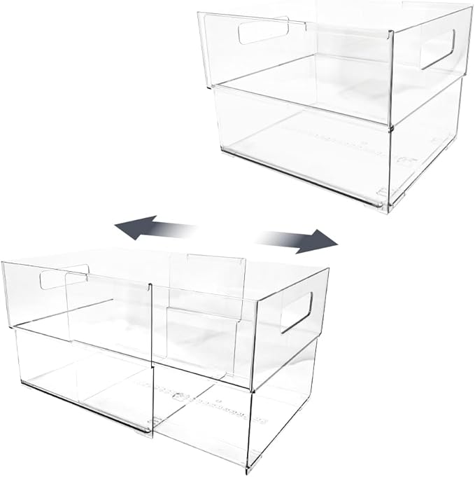 Isaac Jacobs 2-Pack Clear Expandable Storage Bins - Extra Large, 11"-19" L x 10" W x 7.8" H, Plastic Organizer with Cut-Out Handles, Adjustable Length from 11-19" Home, Kitchen & Office