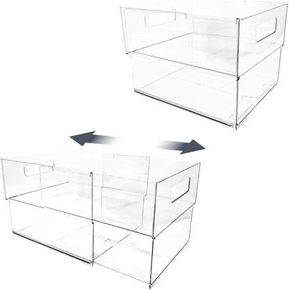 Isaac Jacobs 2-Pack Clear Expandable Storage Bins - Extra Large, 11"-19" L x 10" W x 7.8" H, Plastic Organizer with Cut-Out Handles, Adjustable Length from 11-19" Home, Kitchen & Office