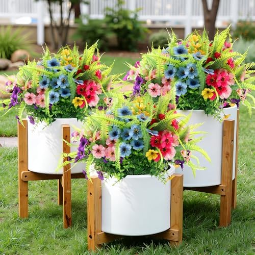 ZEOSTARO Artificial Outdoor Plants 12 Bundles Fake Boston Fern with Eucalyptus Flowers Faux UV Resistant Greenery Garden Window Box Porch Farmhouse Hanging Decor(Mix Flowers&Fern) - Image 6