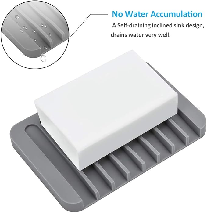 Silicone Soap Dishes for Shower, 3+1 PCS Upgrade Self-Draining Bar Soap Holder, Premium Sponge Holder for Sink, Kitchen, Bathroom, or Counter, Easy Clean, Can Extend Soap Life (White & Gray)