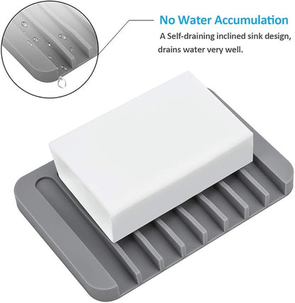 Silicone Soap Dishes for Shower, 3+1 PCS Upgrade Self-Draining Bar Soap Holder, Premium Sponge Holder for Sink, Kitchen, Bathroom, or Counter, Easy Clean, Can Extend Soap Life (White & Gray)
