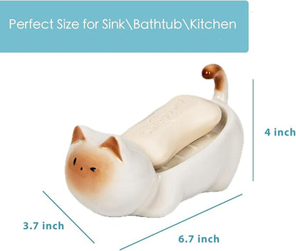 Ceramic Cute Cat Soap Dish, Self-Draining Bar Soap Holder for Shower, Decorative Soap Tray for Bathroom Sink Kitchen Counter, Easy Clean Soap Saver Tray(White)