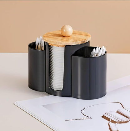 3-in-1 Q-Tip Holder for Bathroom – Premium Vanity Organizer Canister with Dustproof Lid for Cotton Swabs, Balls and Pads, Countertop Storage Container（Black）