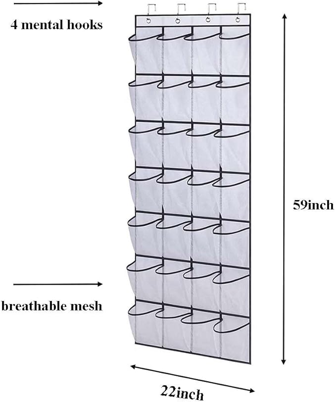 Over The Door Shoe Rack Clear Pockets Hanging Shoe Organizer Storage Sturdy Shoe Holder for Closet Hanger 2 Pack, 59”×22”, (White)