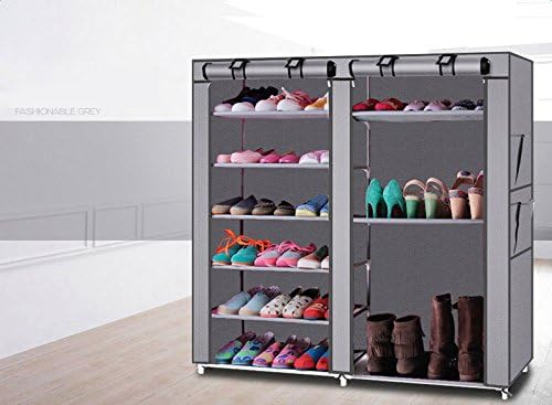 lapday 27-Pairs Portable Boot Rack, Double Row Shoe Rack Covered with Nonwoven Fabric,Space Saving Closet Shoe Cabinet Tower (Gray)