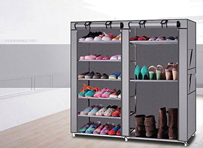 lapday 27-Pairs Portable Boot Rack, Double Row Shoe Rack Covered with Nonwoven Fabric,Space Saving Closet Shoe Cabinet Tower (Gray)