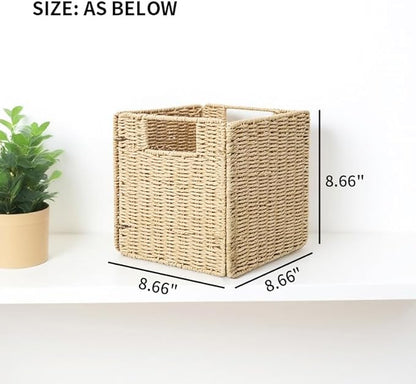 YAHUAN Foldable Paper Rope Storage Cubes 9X9 Hand Woven Wicker Storage Bins Square Basket Storage Basket for Shelves (Paper rope)
