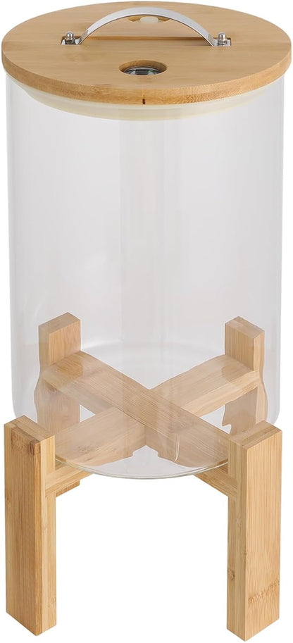 DYNAMI 8L/2.1Gal Glass Rice Storage Container with Airtight Lid,Glass Grain Container with Wood Stand and Thermometer,for Kitchen Organization Pantry Store