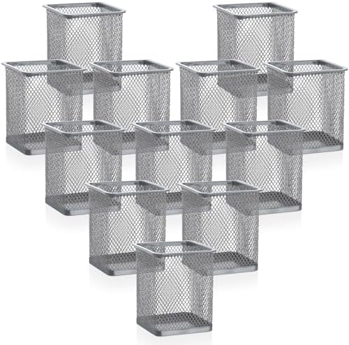 Segarty Pen Cup Holder, 12 Pack Square Silver Pen Holder for Desk, Multifuntional Mesh Pencil Cups Containers for Marker, Office Supplies, School Students, Home Desktop, Brush Organizer by Segarty