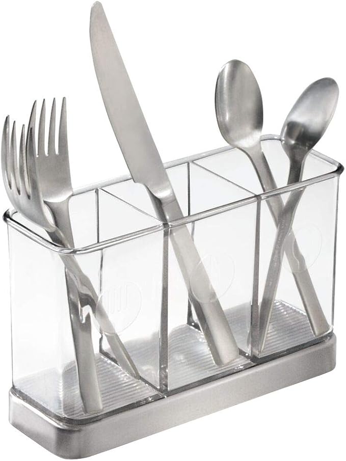 mDesign Cutlery Holder Modern Cutlery Basket for The Kitchen Table, Pantry or Cupboard Kitchen Storage with 3 Compartments Clear/Chrome