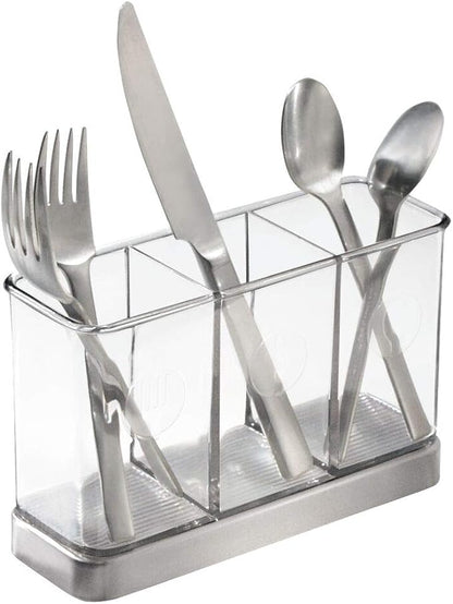mDesign Cutlery Holder Modern Cutlery Basket for The Kitchen Table, Pantry or Cupboard Kitchen Storage with 3 Compartments Clear/Chrome