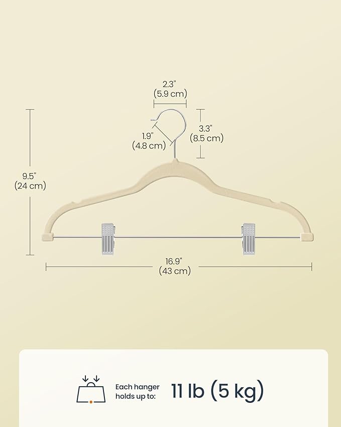 SONGMICS HOME Velvet Pants Hangers with Adjustable Clips, Non-Slip Space-Saving Clothes Hangers, 30 Pack, Shoulder Notches for Skirts, Beige