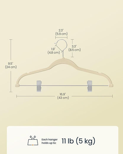SONGMICS HOME Velvet Pants Hangers with Adjustable Clips, Non-Slip Space-Saving Clothes Hangers, 30 Pack, Shoulder Notches for Skirts, Beige