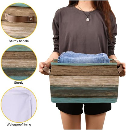 Wood Print Rectangular Storage Basket Not Real Wood Retro Vintage Organizer Bin Shelf Baskets For Clothes Gifts For Home Office Dorm