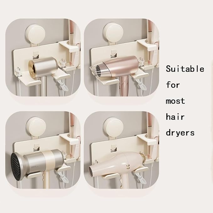 Hair Dryer Holder Wall Mounted - Suction Hair Dryer Organizer with Shelf & Hooks, 3 in 1 Bathroom Hair Tool for Blow Dryer, Curling Iron, Straightener (Grey)