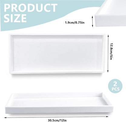 2 Pack Bathroom Tray Countertop, Large 12'' Shatterproof Silicone Vanity Tray Rectangular Toilet Tank Tray, Soap Dispenser Tray Sponge Holder for Kitchen Sink (White)