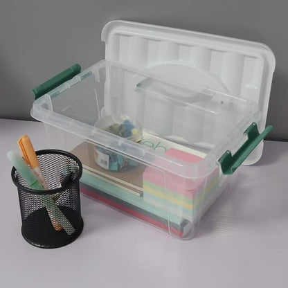 Gloreen 6 Quart Clear Storage Bins with Lid and Green Handle, Multipurpose Stackable Plastic Storage Latches Box/Containers, Set of 2