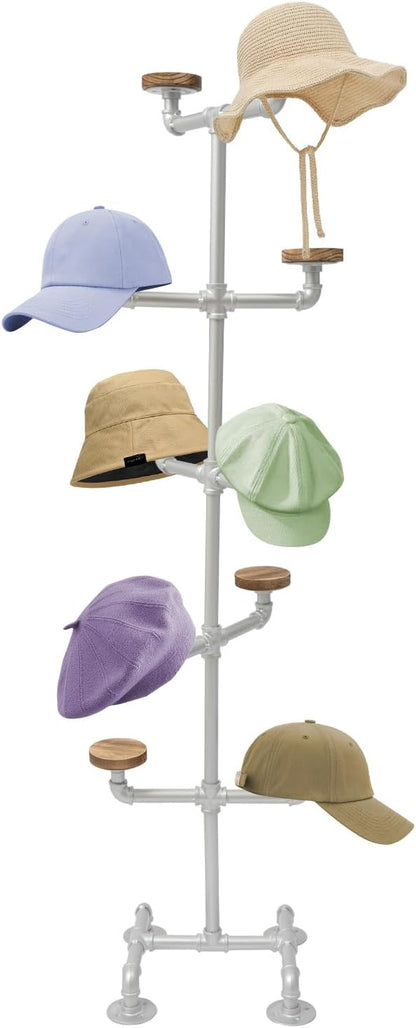 LOYALHEARTDY Industrial Hat Rack Stand, 5 Tier 10 Round Hat Hangers Hat Display Stand Freestanding Hat Organizer Rack Display Stand for Wig, Cap, Baseball Hat (Sliver)