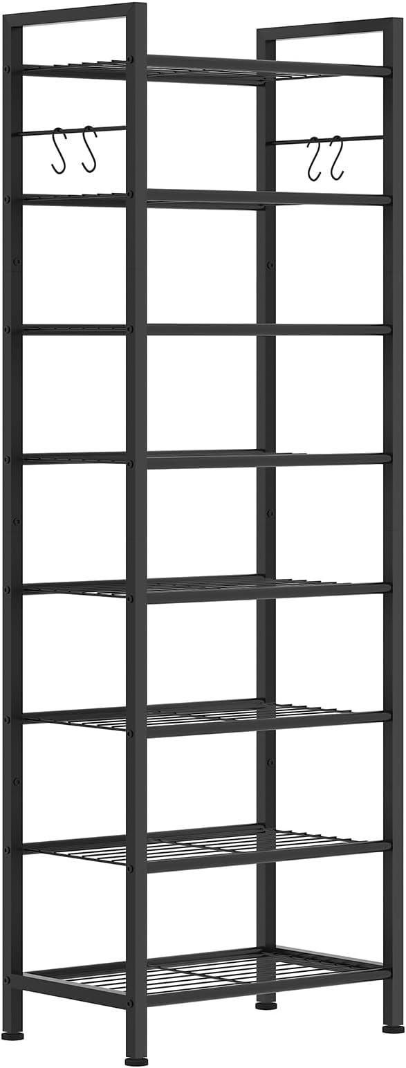 8 Tiers Narrow Shoe Rack 16-24 Pairs, Sturdy Metal Tall Shoe Rack with 4 Hooks, Slim Shoe Storage Organizer with Metal Shelf, Space Saving Vertical Shoe Shelf for Entryway, Closets, Black