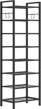 8 Tiers Narrow Shoe Rack 16-24 Pairs, Sturdy Metal Tall Shoe Rack with 4 Hooks, Slim Shoe Storage Organizer with Metal Shelf, Space Saving Vertical Shoe Shelf for Entryway, Closets, Black