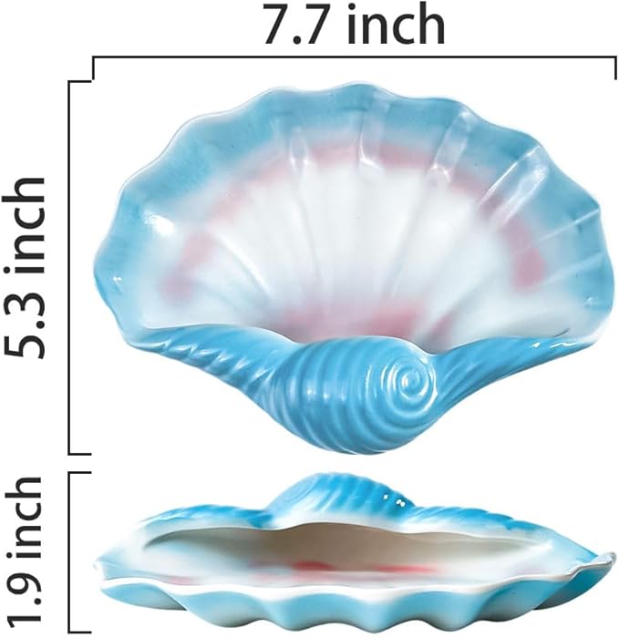 Ceramic Shell Soap Dish (7.7 x 5.3 in), Seashell Soap Holder Tray for Bathroom Shower Sink, Blue Shell Trinket Tray for Jewelry Rings Keys, Vanity Counter Organizer
